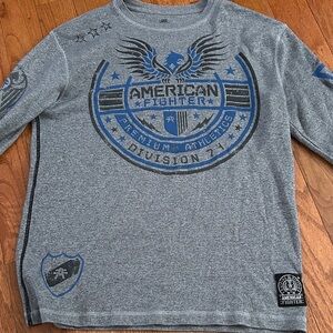 American Fighter Gray Shirt with Blue Accents great condition men large